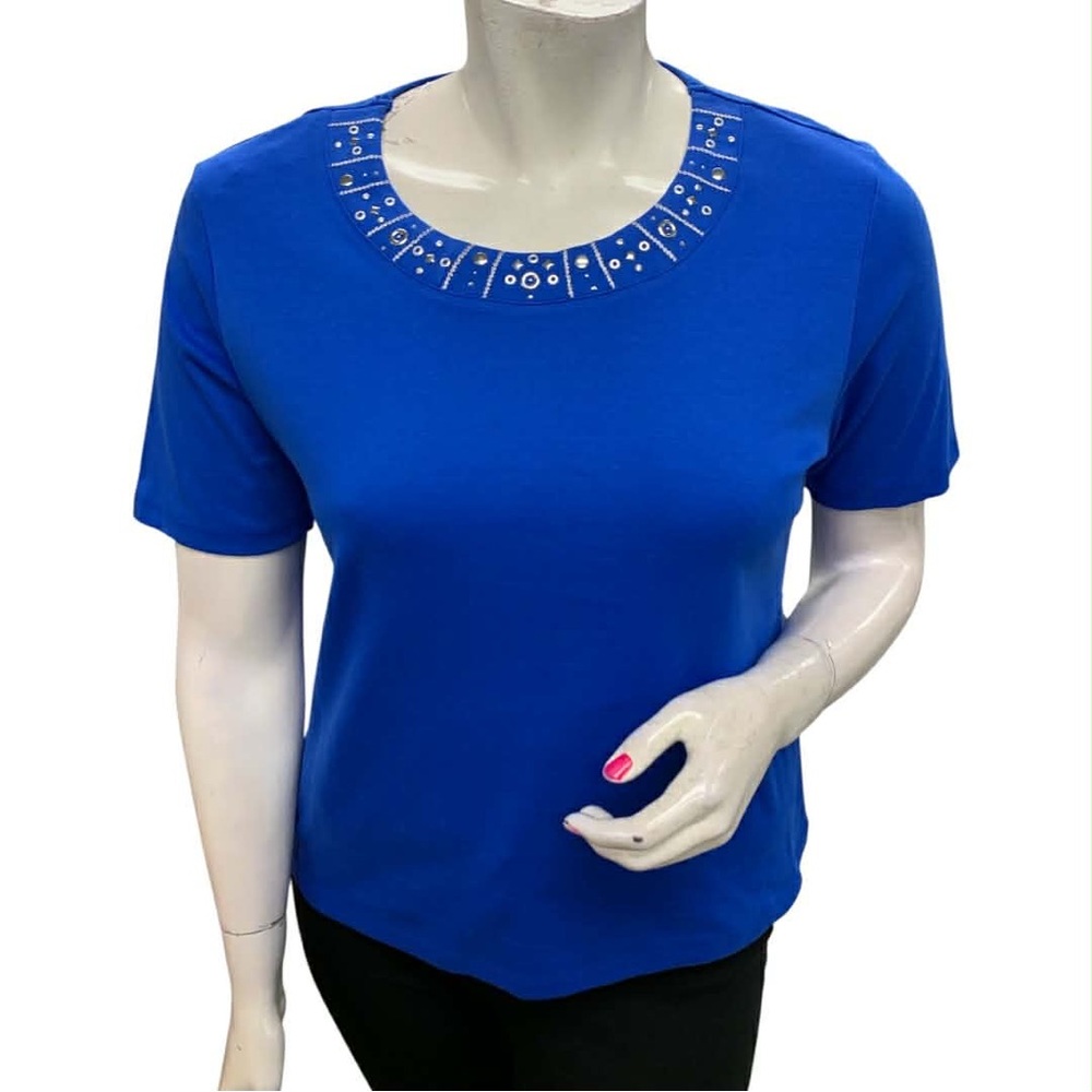 Alia NWT Royal Blue Short Sleeve Top with Silver Accents Size L